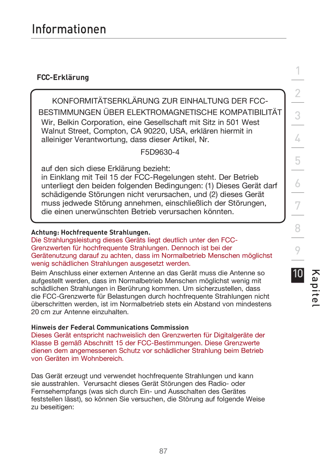 Belkin F5D9630UK4A user manual Informationen, FCC-Erklärung, Achtung Hochfrequente Strahlungen 