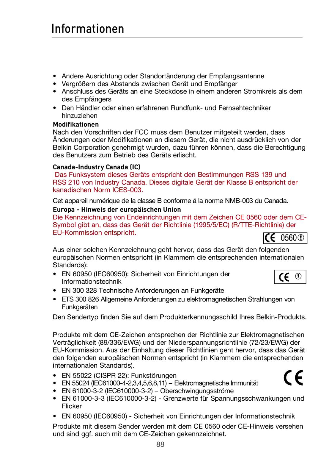 Belkin F5D9630UK4A user manual Modifikationen, Europa Hinweis der europäischen Union 