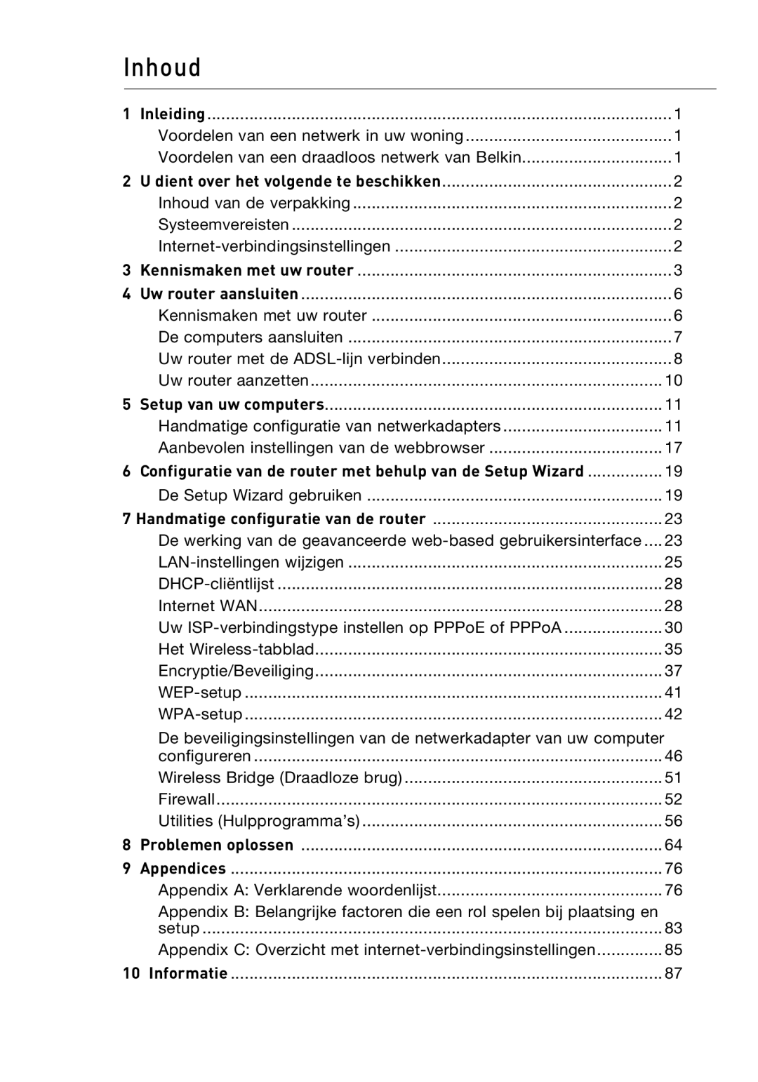 Belkin F5D9630UK4A user manual Inhoud 