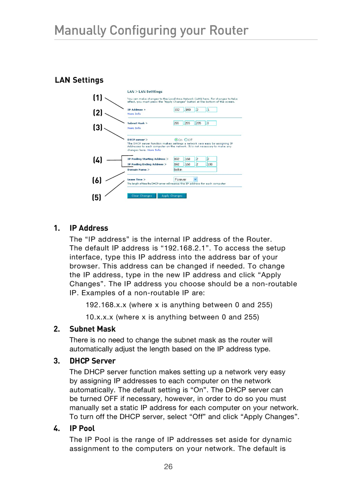 Belkin F5D9630UK4A user manual LAN Settings IP Address, Subnet Mask, Dhcp Server, IP Pool 