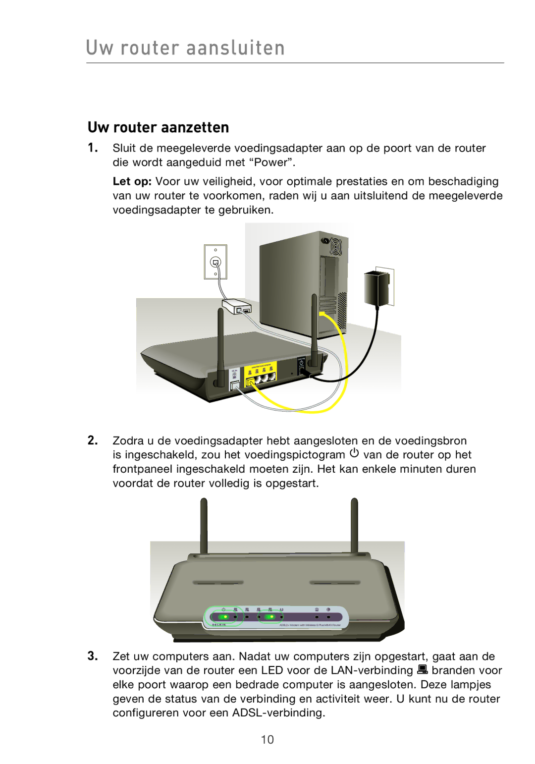 Belkin F5D9630UK4A user manual Uw router aanzetten 