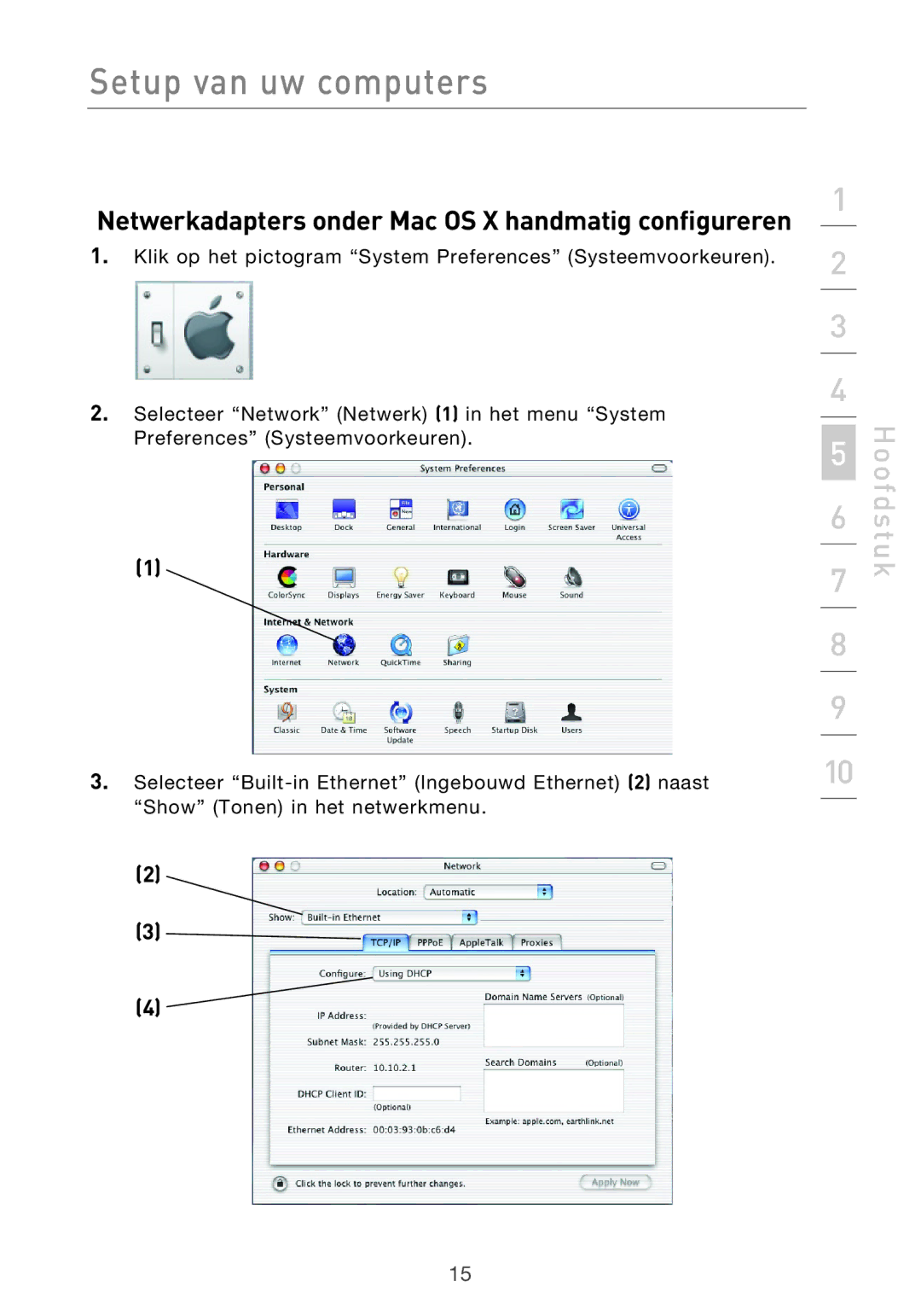 Belkin F5D9630UK4A user manual Netwerkadapters onder Mac OS X handmatig configureren 