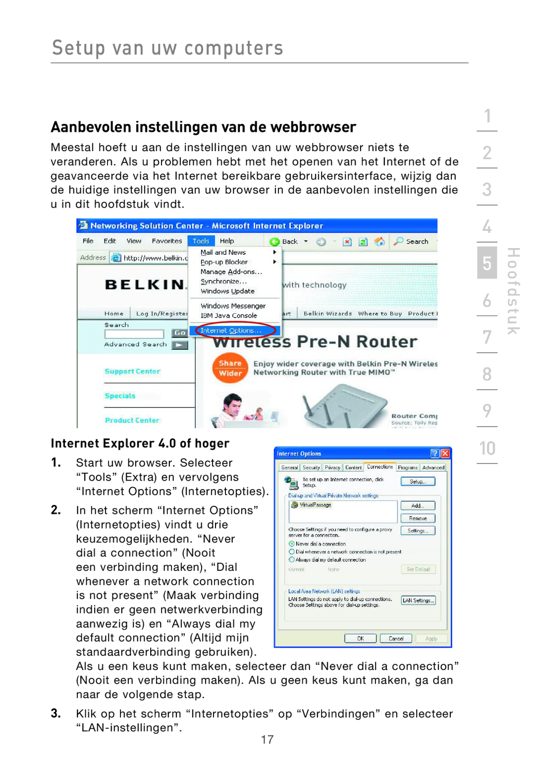 Belkin F5D9630UK4A user manual Aanbevolen instellingen van de webbrowser, Internet Explorer 4.0 of hoger 