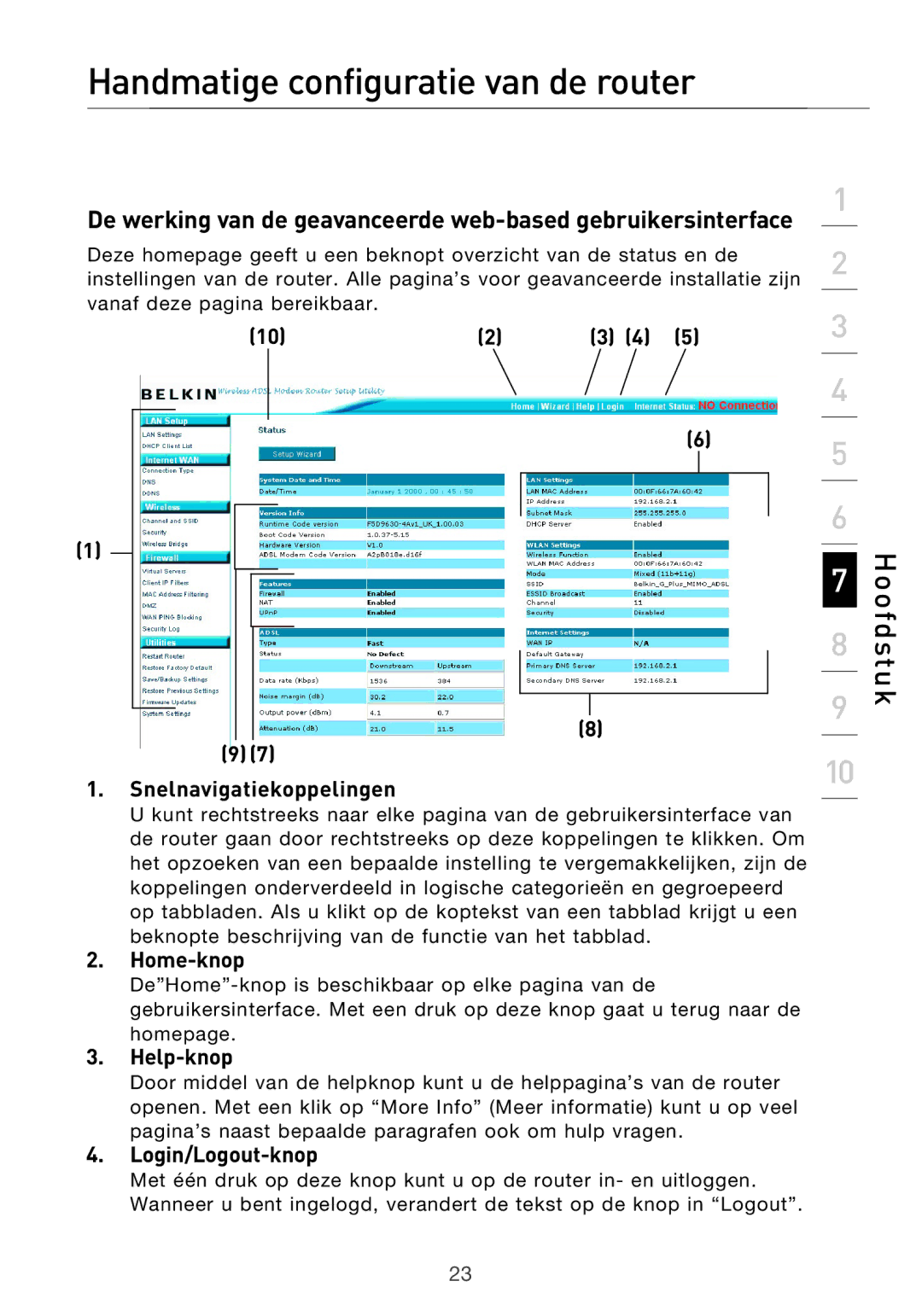 Belkin F5D9630UK4A user manual Handmatige configuratie van de router, Snelnavigatiekoppelingen, Home-knop, Help-knop 