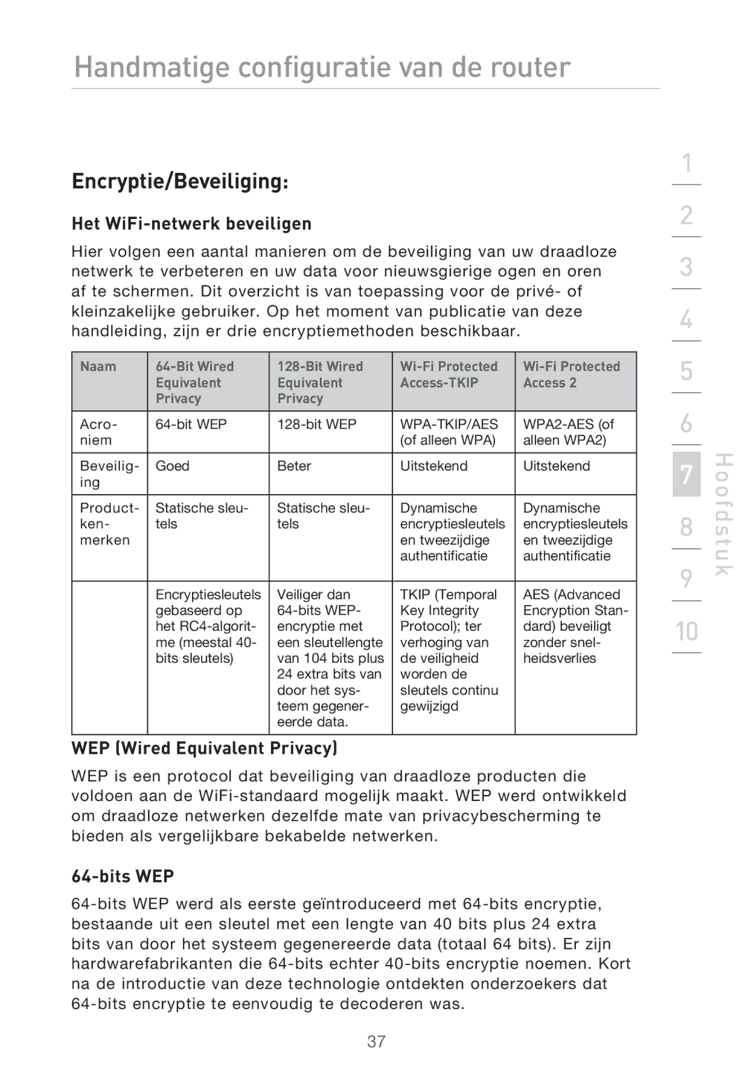 Belkin F5D9630UK4A user manual Encryptie/Beveiliging, Het WiFi-netwerk beveiligen, Bits WEP 