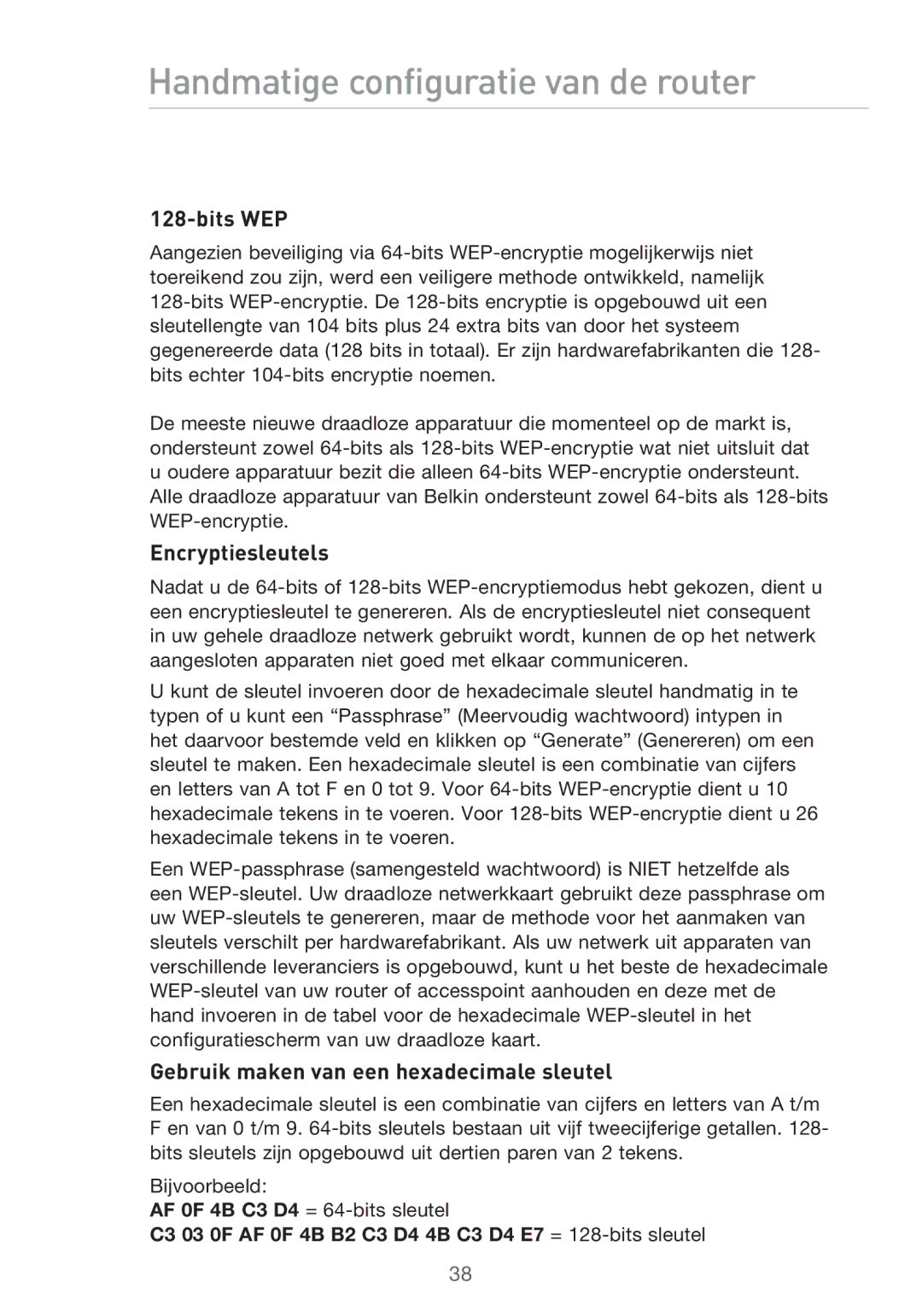 Belkin F5D9630UK4A user manual Encryptiesleutels, Gebruik maken van een hexadecimale sleutel 