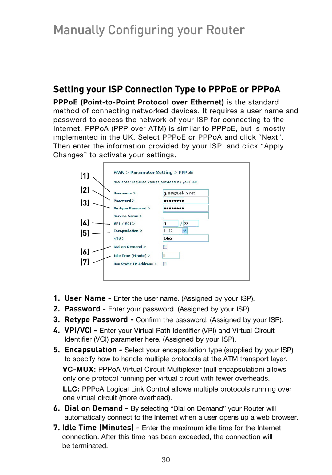 Belkin F5D9630UK4A user manual Setting your ISP Connection Type to PPPoE or PPPoA 