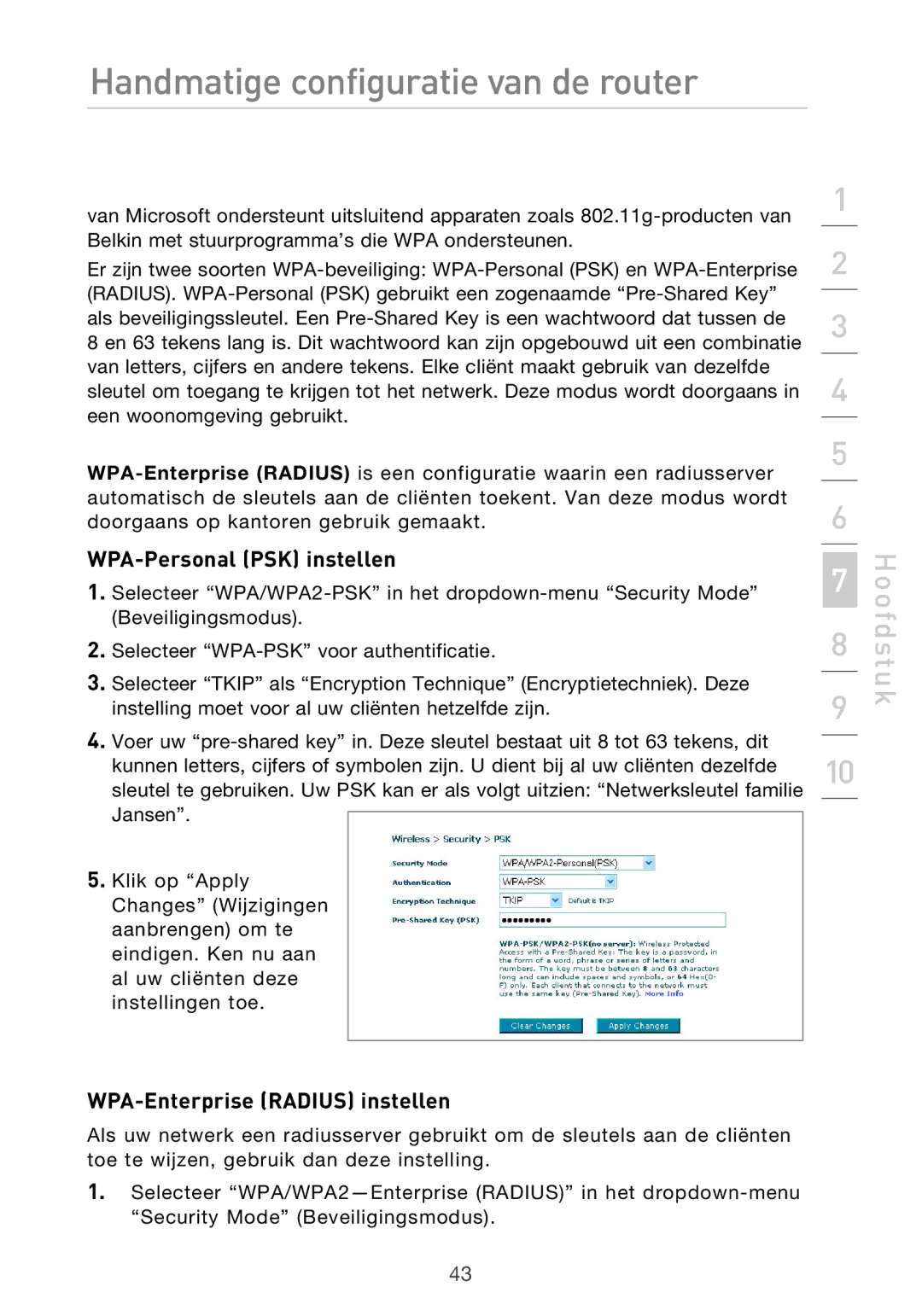 Belkin F5D9630UK4A user manual WPA-Personal PSK instellen, WPA-Enterprise Radius instellen 