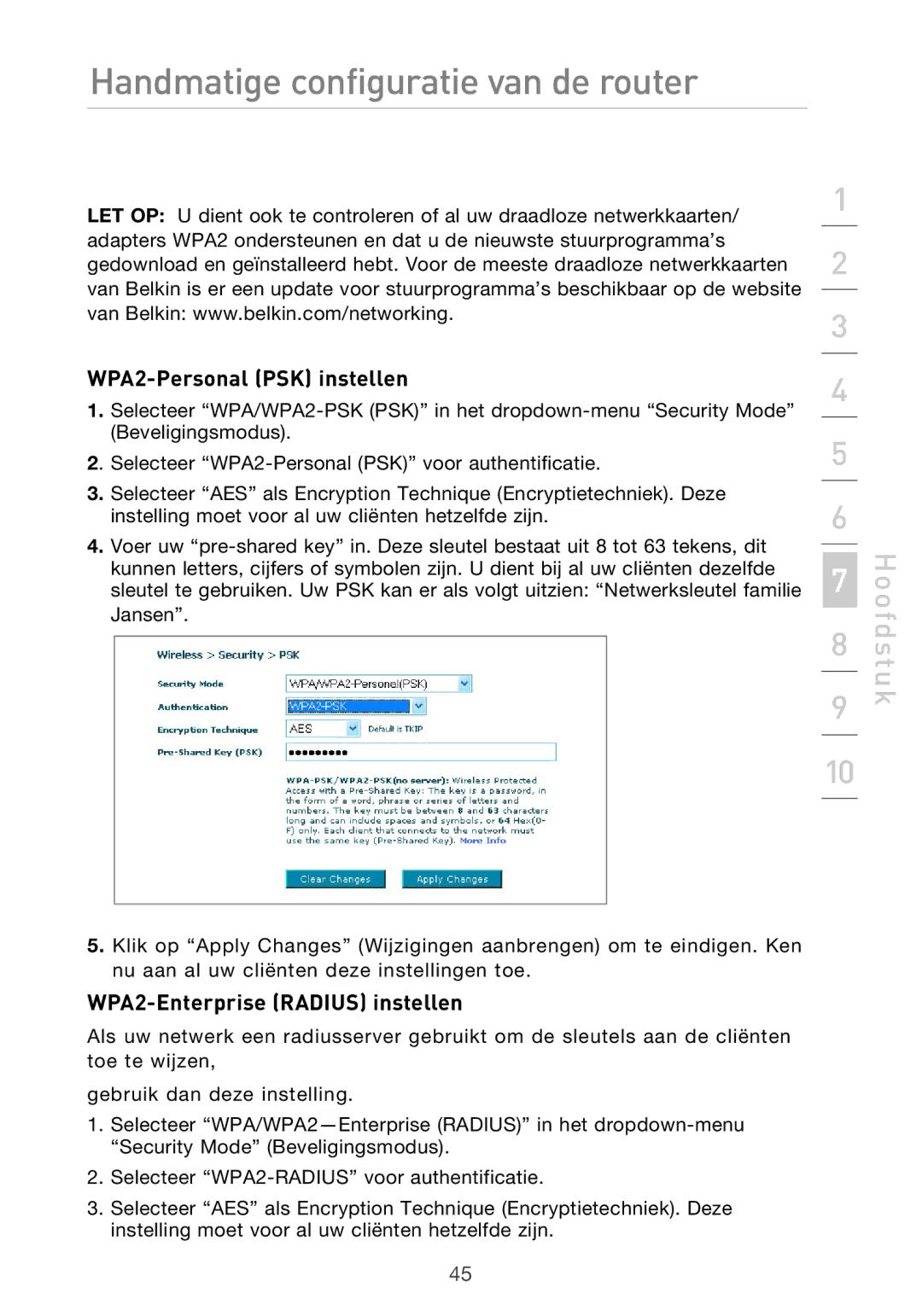 Belkin F5D9630UK4A user manual WPA2-Personal PSK instellen, WPA2-Enterprise Radius instellen 