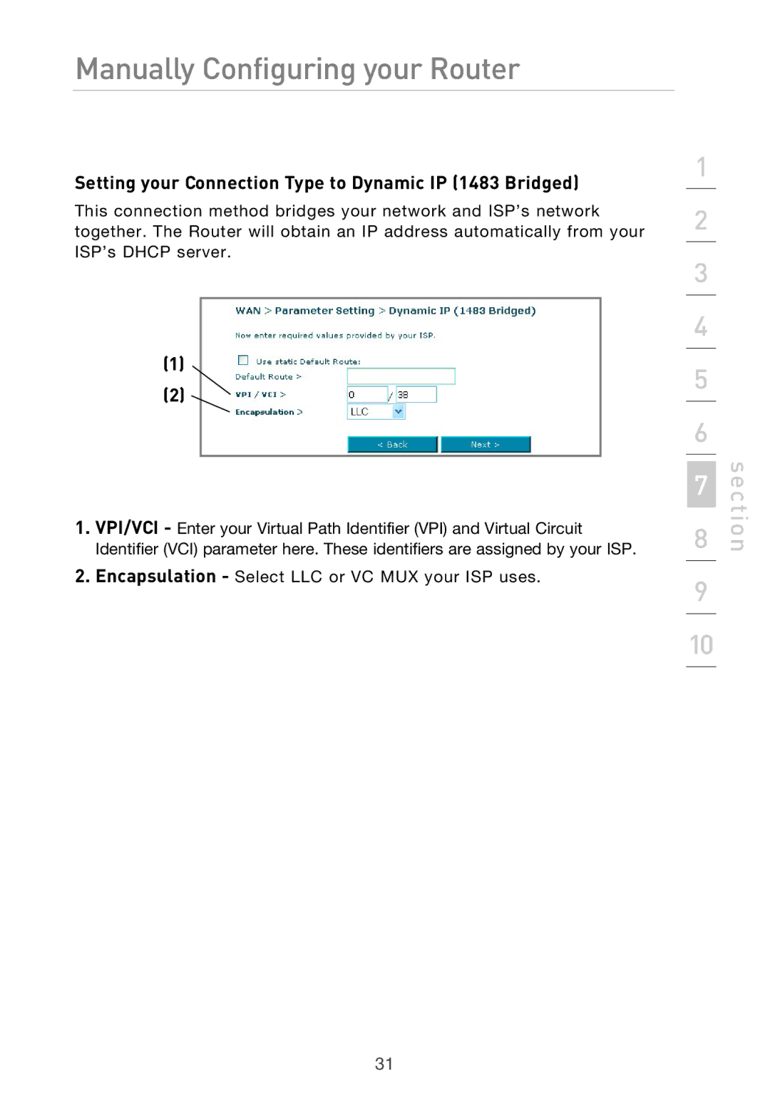 Belkin F5D9630UK4A user manual Setting your Connection Type to Dynamic IP 1483 Bridged 