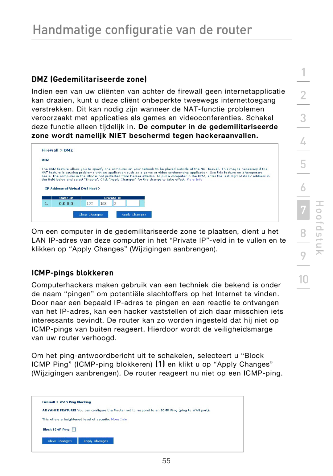 Belkin F5D9630UK4A user manual DMZ Gedemilitariseerde zone, ICMP-pings blokkeren 