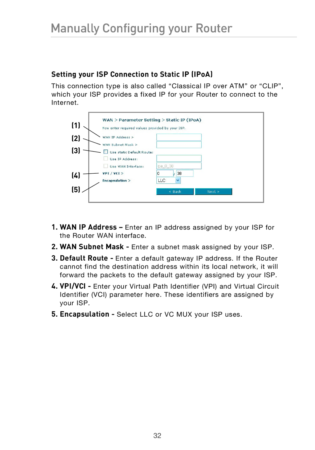 Belkin F5D9630UK4A user manual Setting your ISP Connection to Static IP IPoA 