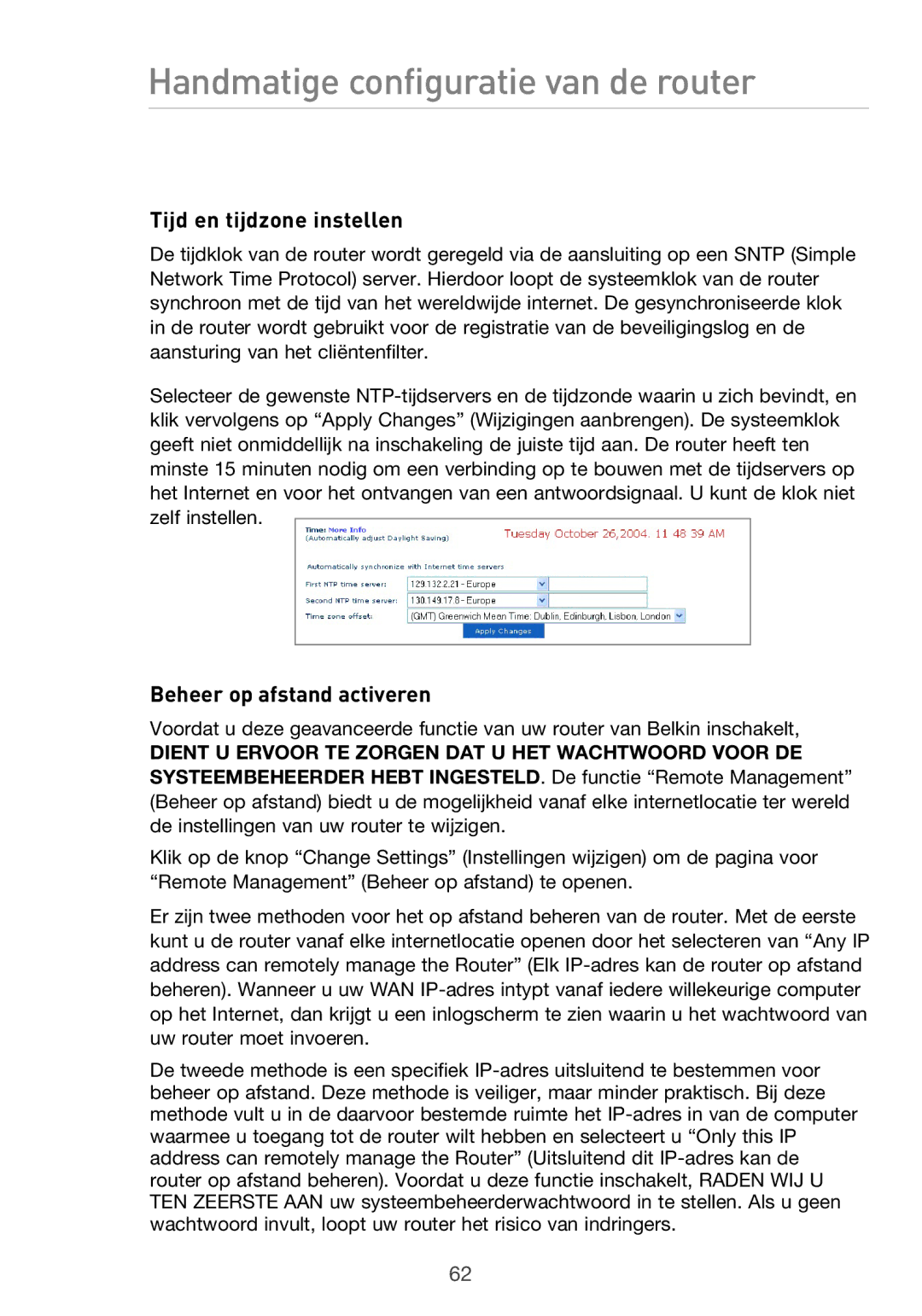 Belkin F5D9630UK4A user manual Tijd en tijdzone instellen, Beheer op afstand activeren 