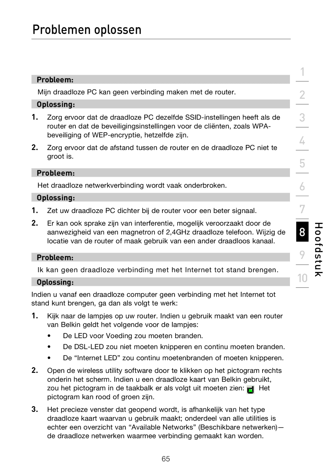 Belkin F5D9630UK4A user manual Mijn draadloze PC kan geen verbinding maken met de router 