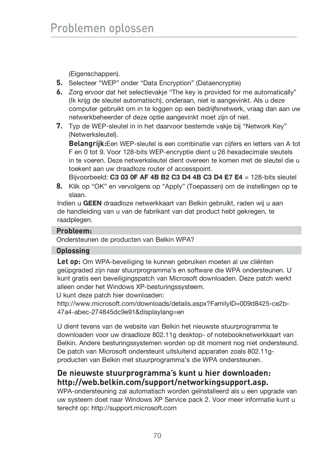 Belkin F5D9630UK4A user manual Ondersteunen de producten van Belkin WPA? 