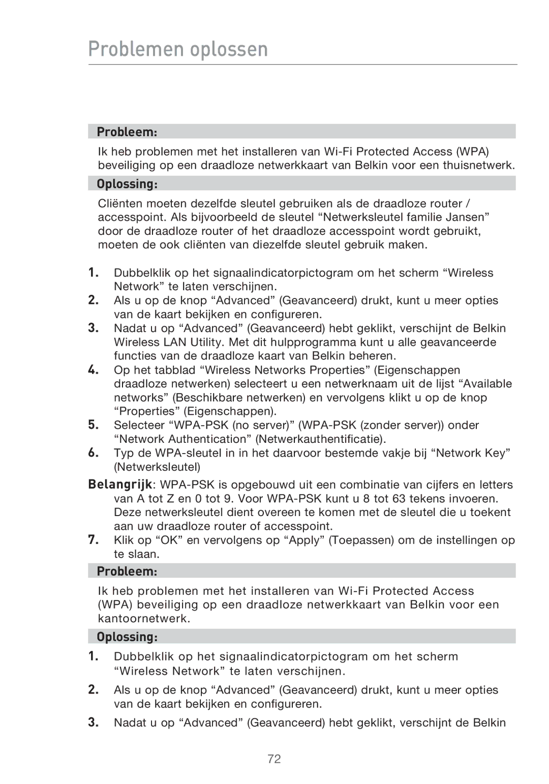 Belkin F5D9630UK4A user manual Problemen oplossen 