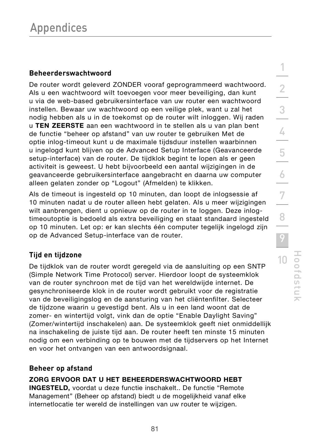 Belkin F5D9630UK4A user manual Beheerderswachtwoord, Tijd en tijdzone, Beheer op afstand 