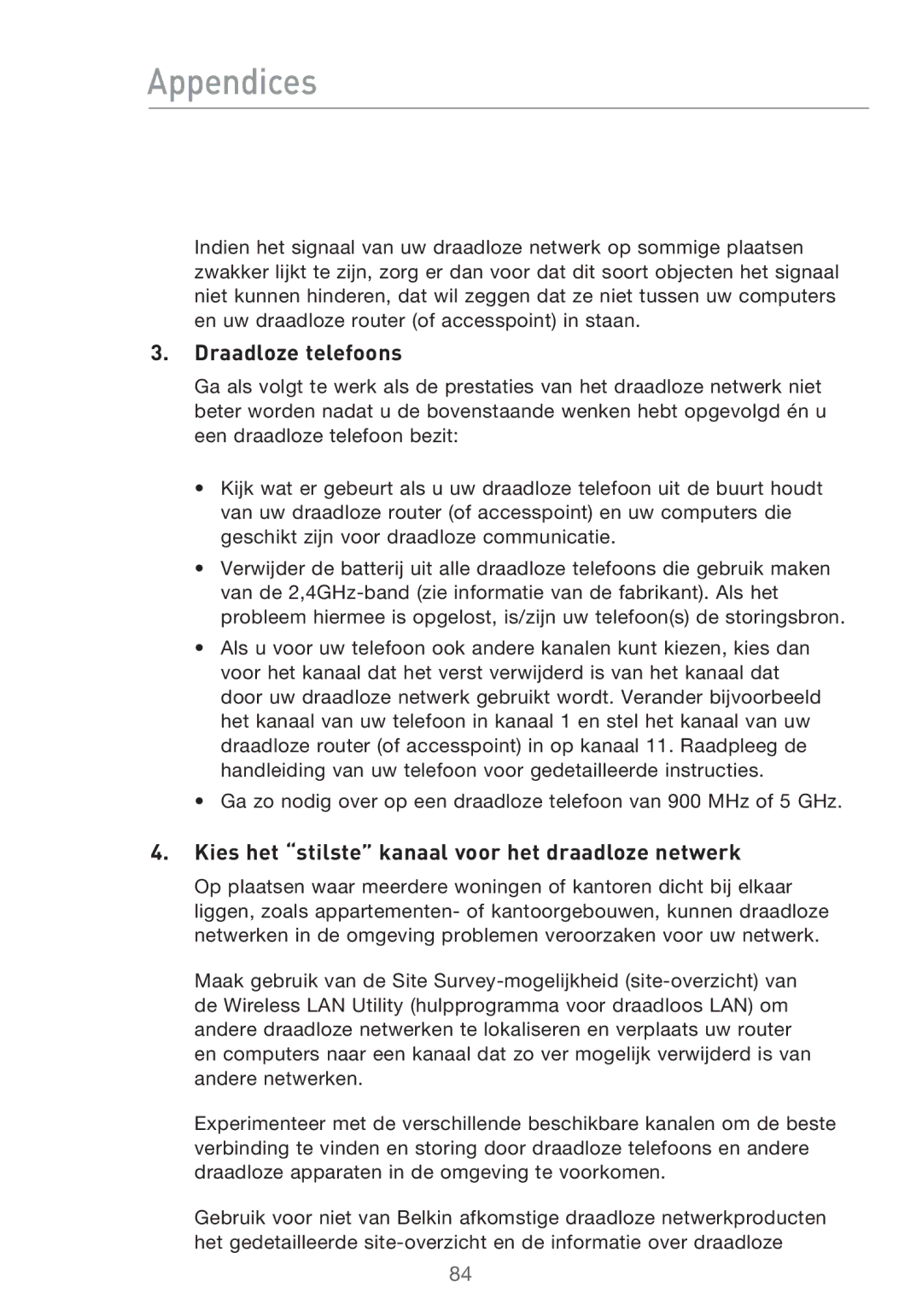 Belkin F5D9630UK4A user manual Draadloze telefoons, Kies het stilste kanaal voor het draadloze netwerk 