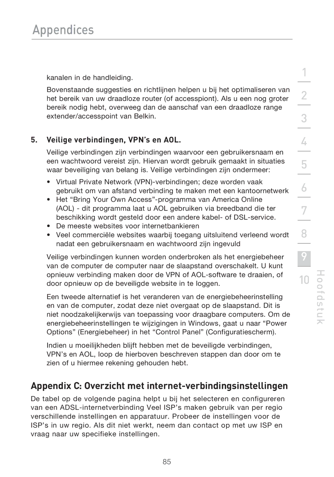 Belkin F5D9630UK4A Appendix C Overzicht met internet-verbindingsinstellingen, Veilige verbindingen, VPN’s en AOL 