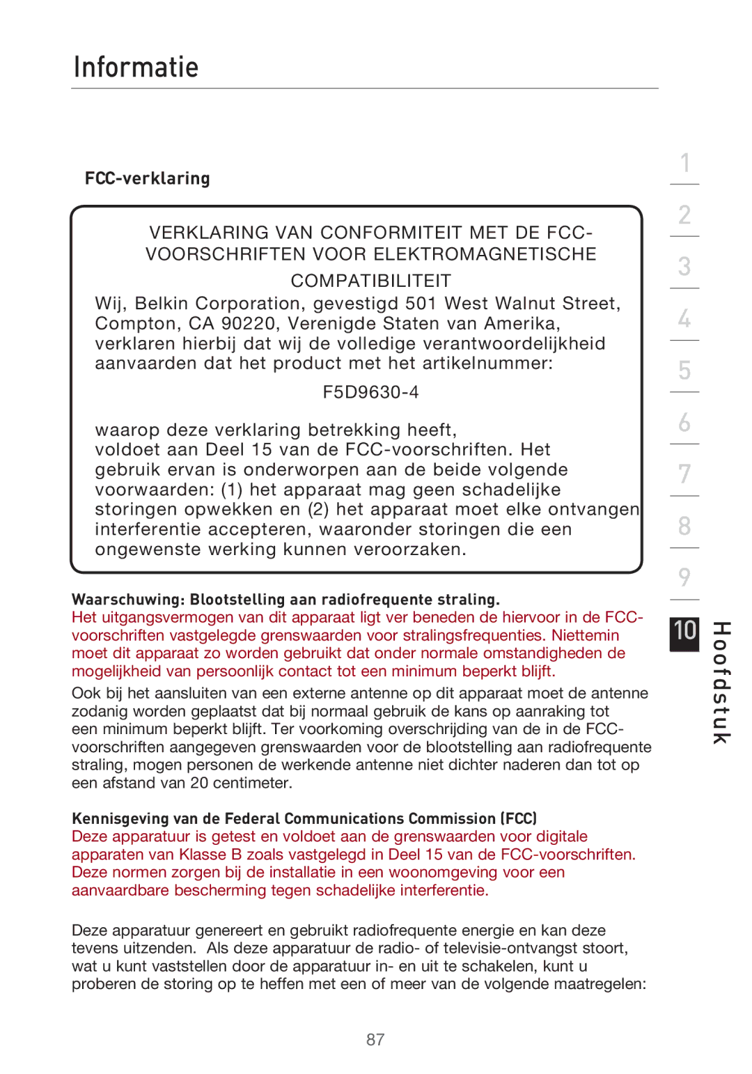 Belkin F5D9630UK4A user manual Informatie, FCC-verklaring, Waarschuwing Blootstelling aan radiofrequente straling 