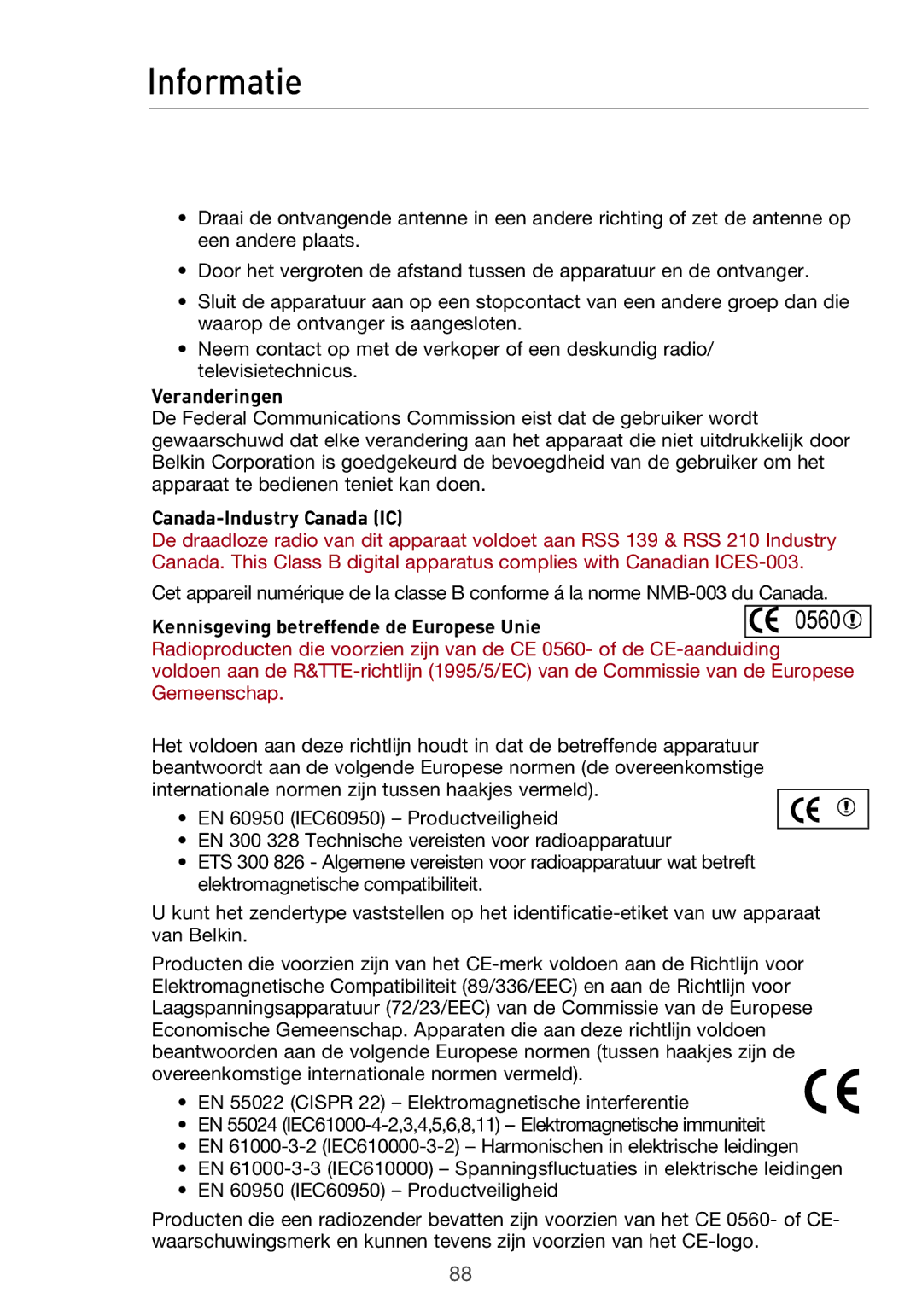 Belkin F5D9630UK4A user manual Veranderingen, Kennisgeving betreffende de Europese Unie 