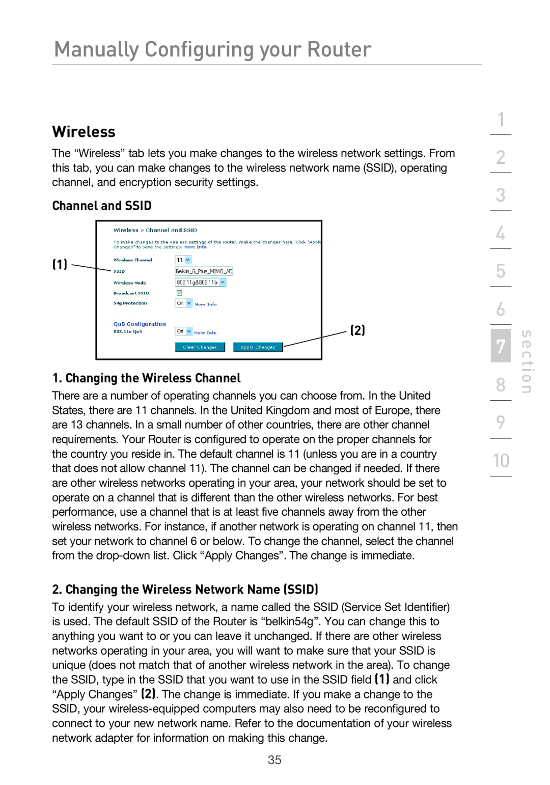 Belkin F5D9630UK4A user manual Channel and Ssid Changing the Wireless Channel, Changing the Wireless Network Name Ssid 