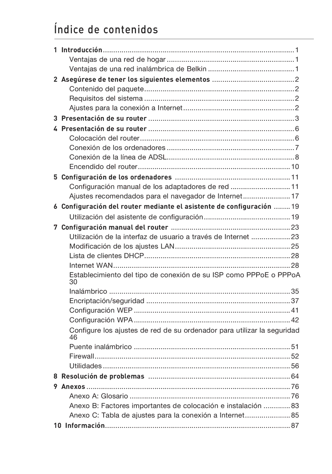 Belkin F5D9630UK4A user manual Índice de contenidos 