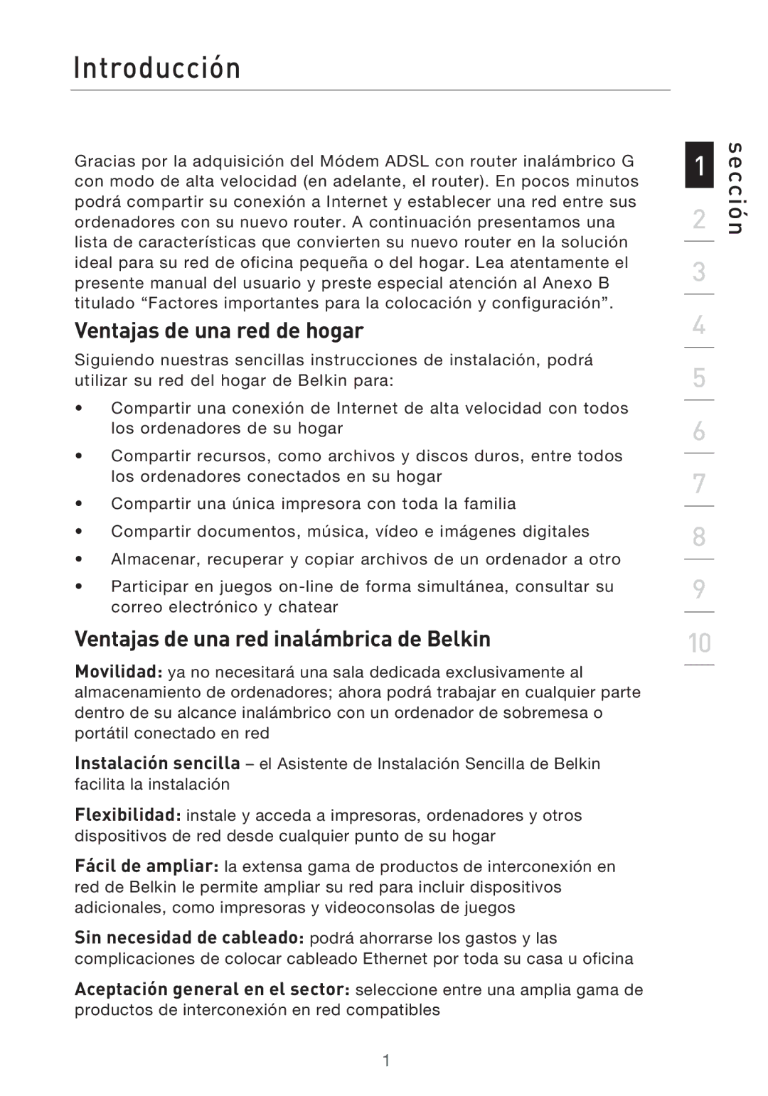 Belkin F5D9630UK4A user manual Introducción, Ventajas de una red de hogar, Ventajas de una red inalámbrica de Belkin 