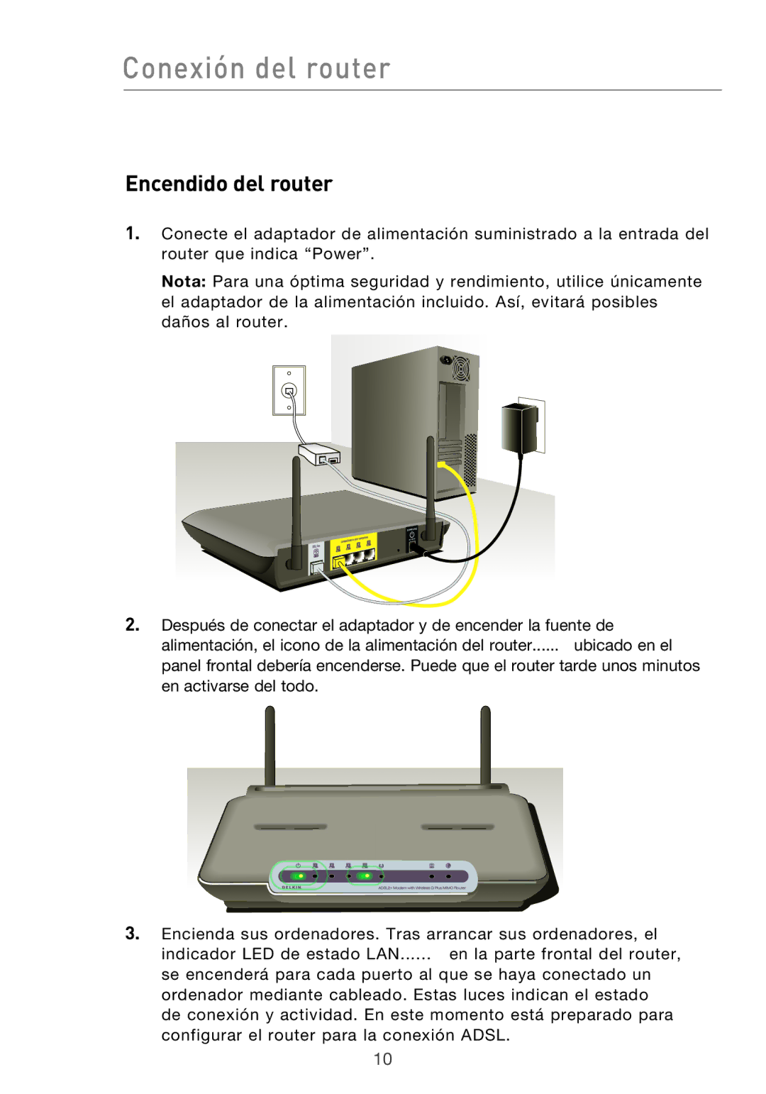 Belkin F5D9630UK4A user manual Encendido del router 