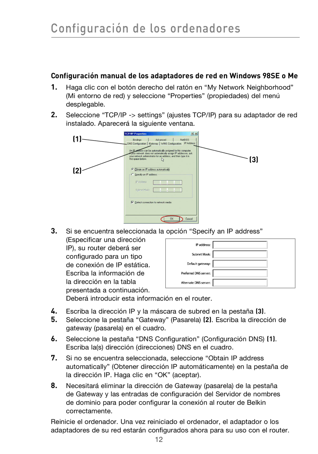 Belkin F5D9630UK4A user manual Configuración de los ordenadores 