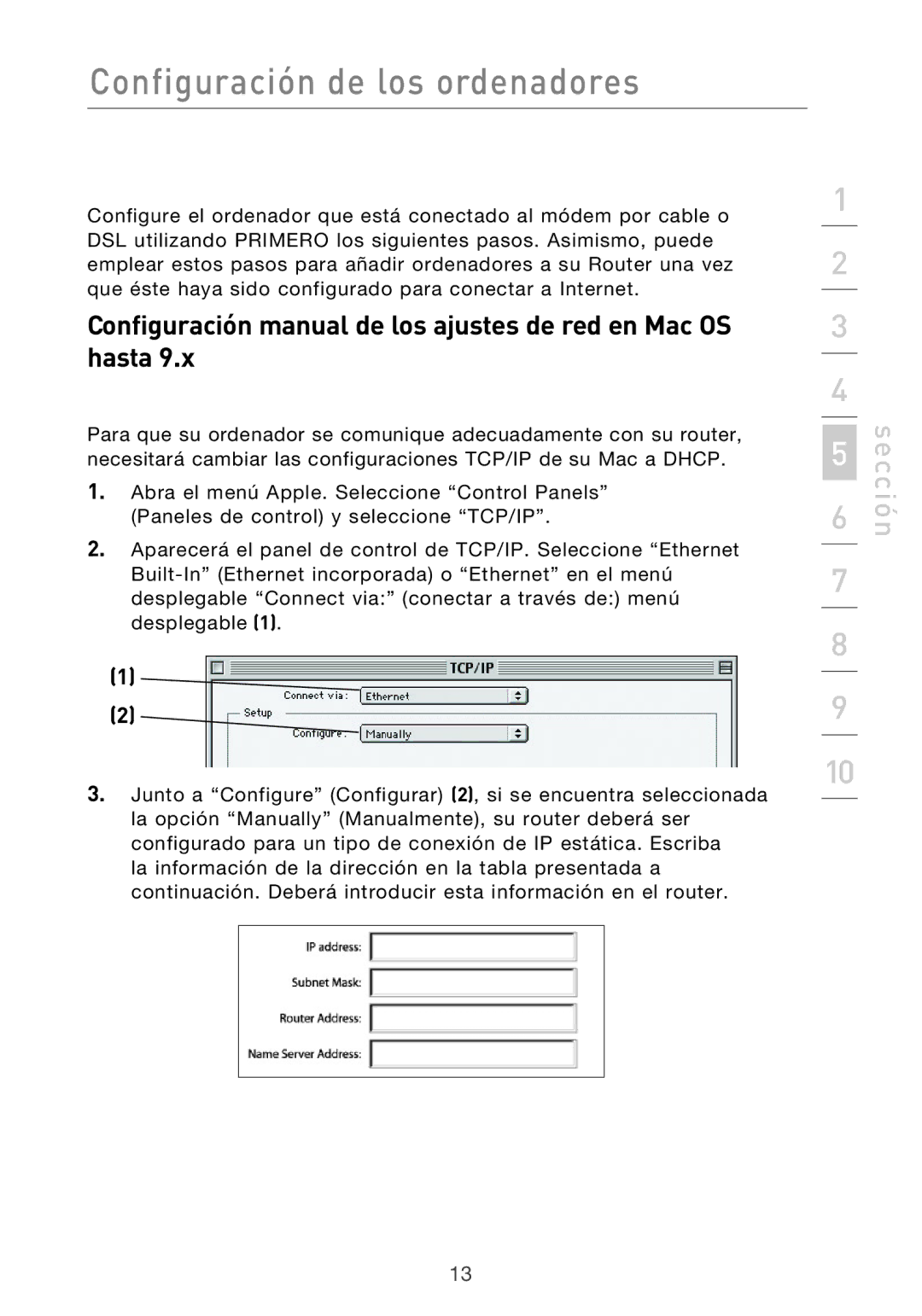 Belkin F5D9630UK4A user manual Configuración manual de los ajustes de red en Mac OS hasta 