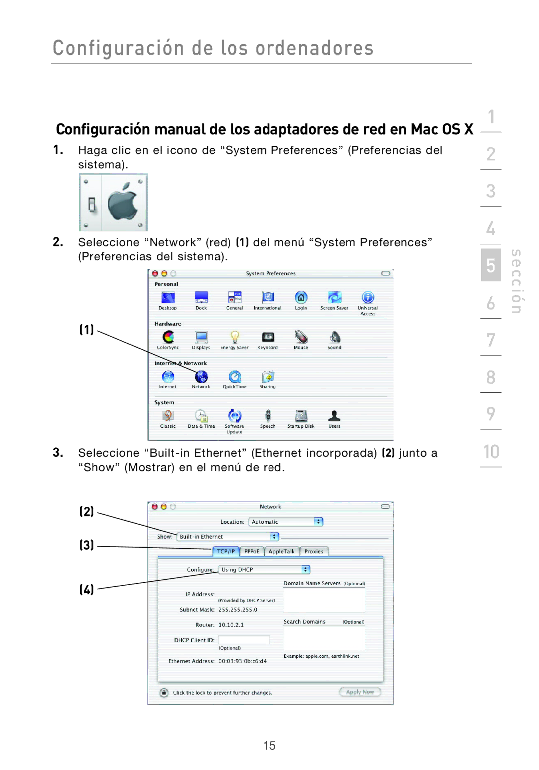 Belkin F5D9630UK4A user manual Configuración manual de los adaptadores de red en Mac OS 