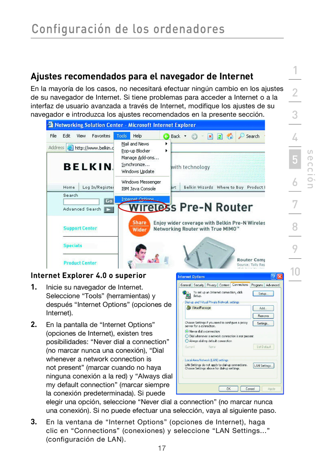 Belkin F5D9630UK4A user manual Ajustes recomendados para el navegador de Internet, Internet Explorer 4.0 o superior 