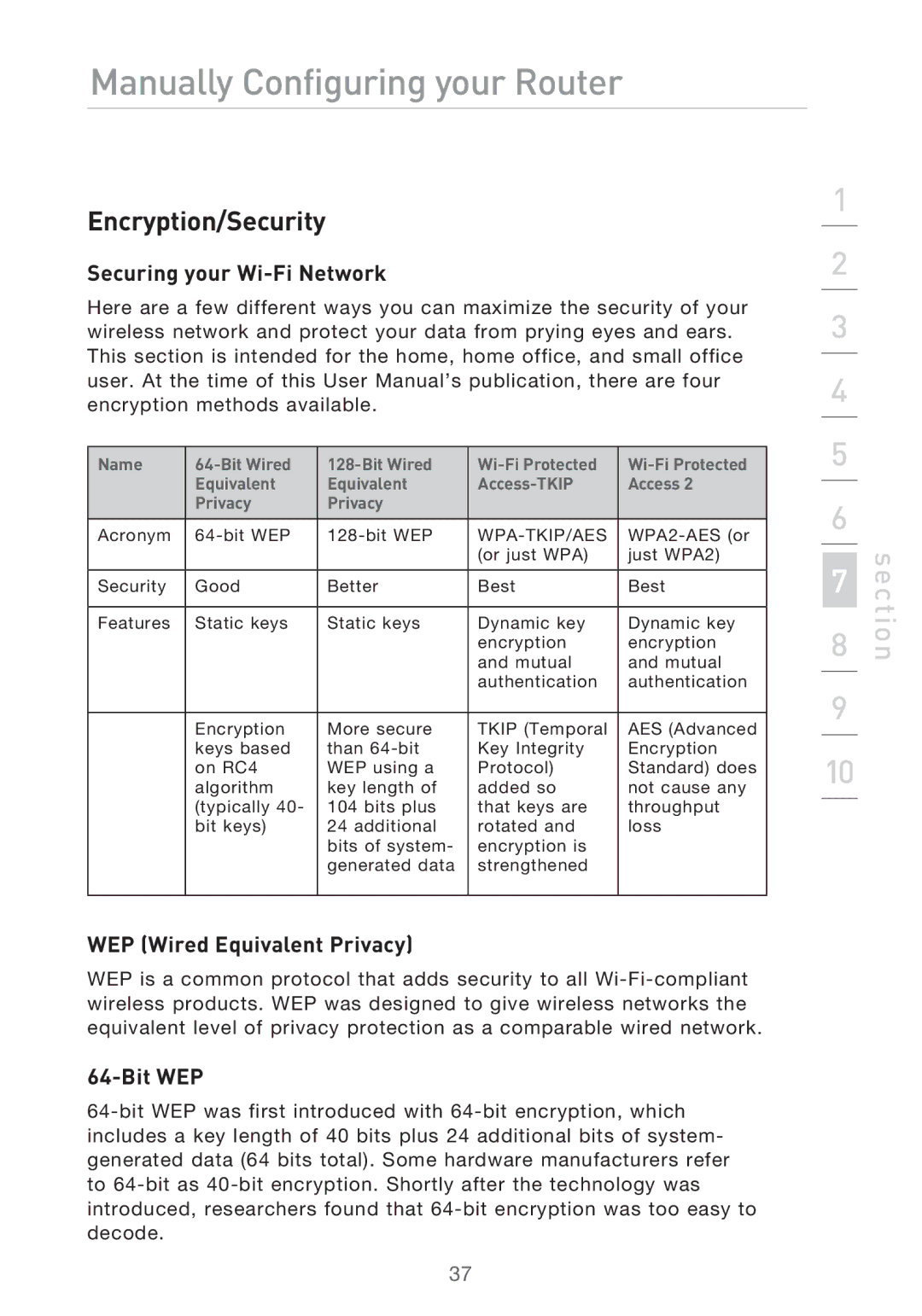 Belkin F5D9630UK4A user manual Encryption/Security, Securing your Wi-Fi Network, WEP Wired Equivalent Privacy, Bit WEP 