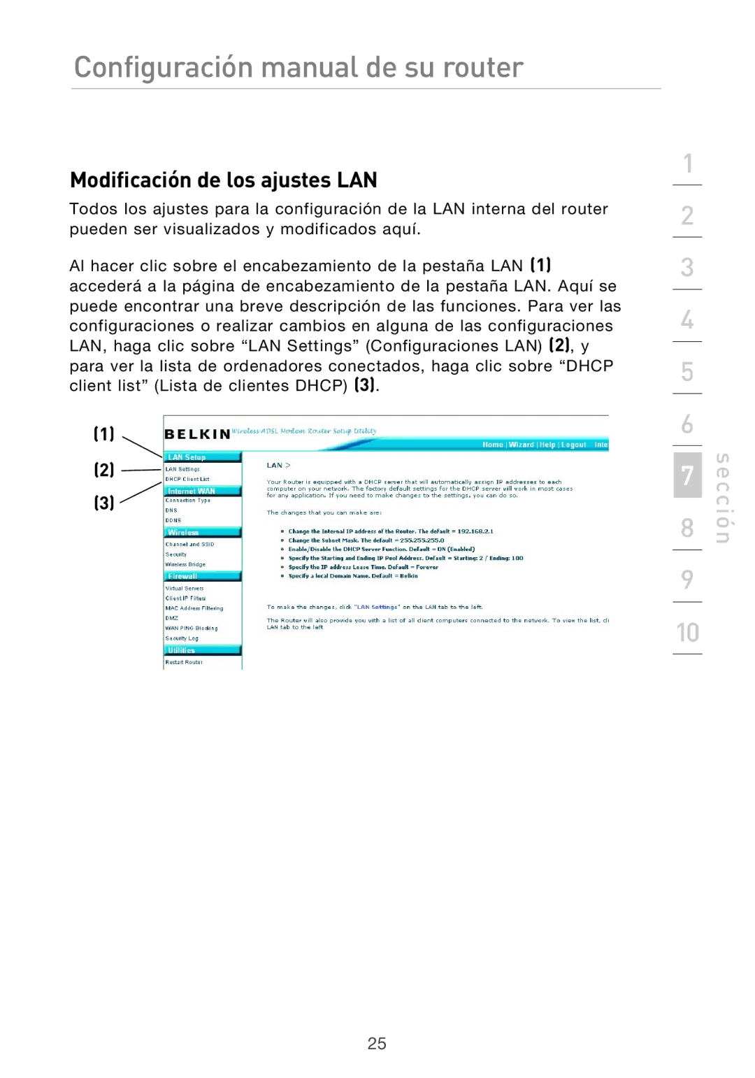 Belkin F5D9630UK4A user manual Configuración manual de su router, Modificación de los ajustes LAN 