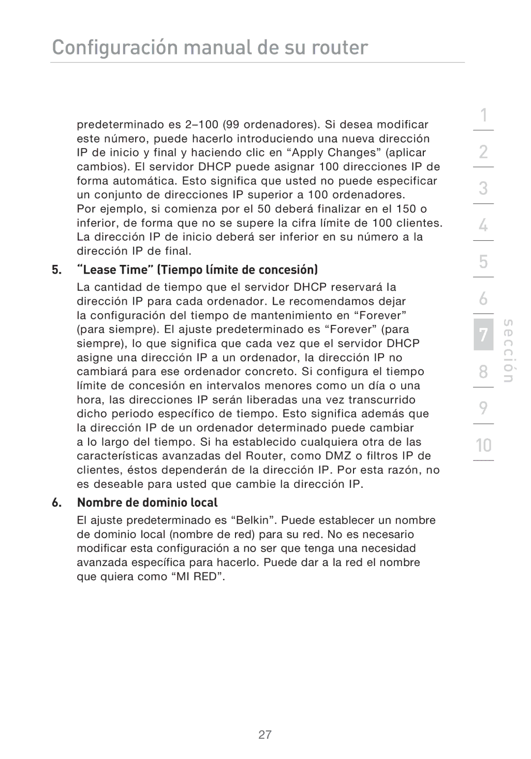 Belkin F5D9630UK4A user manual Lease Time Tiempo límite de concesión, Nombre de dominio local 