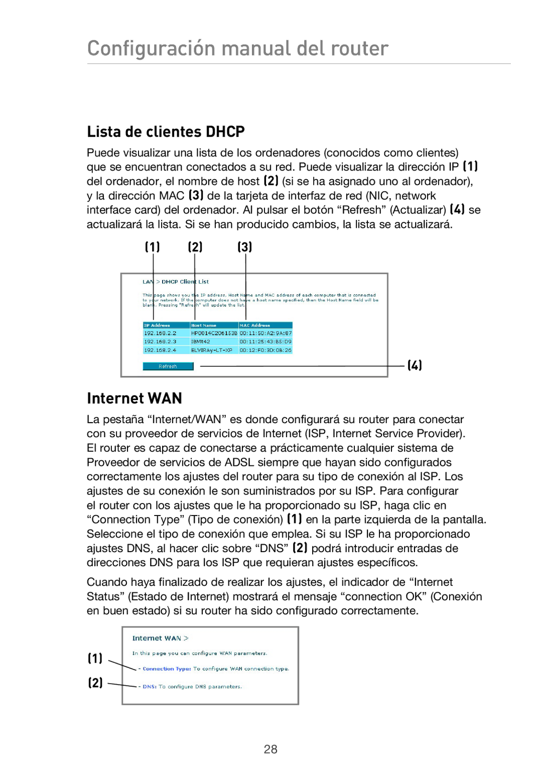 Belkin F5D9630UK4A user manual Lista de clientes Dhcp, Internet WAN 