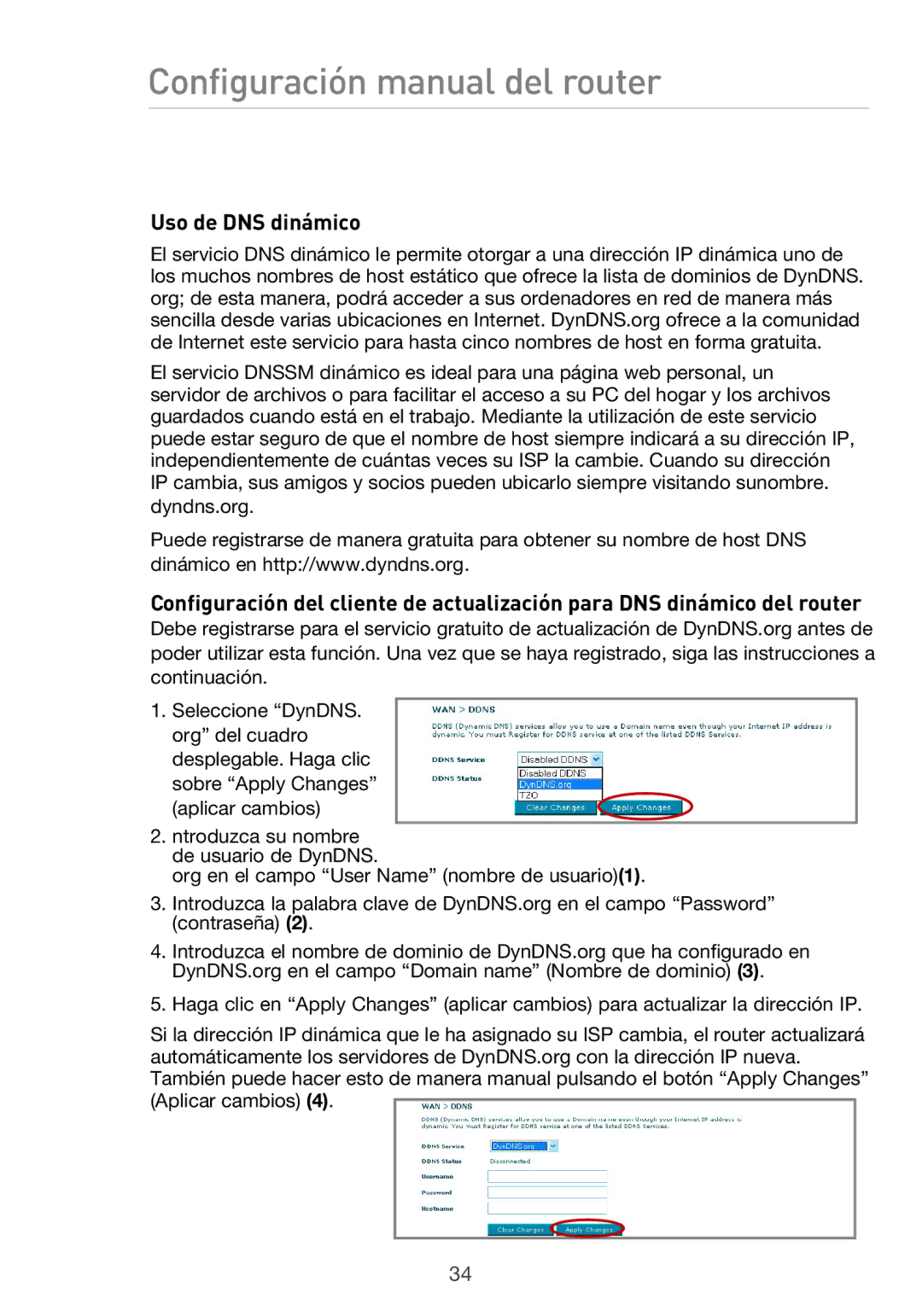 Belkin F5D9630UK4A user manual Uso de DNS dinámico 