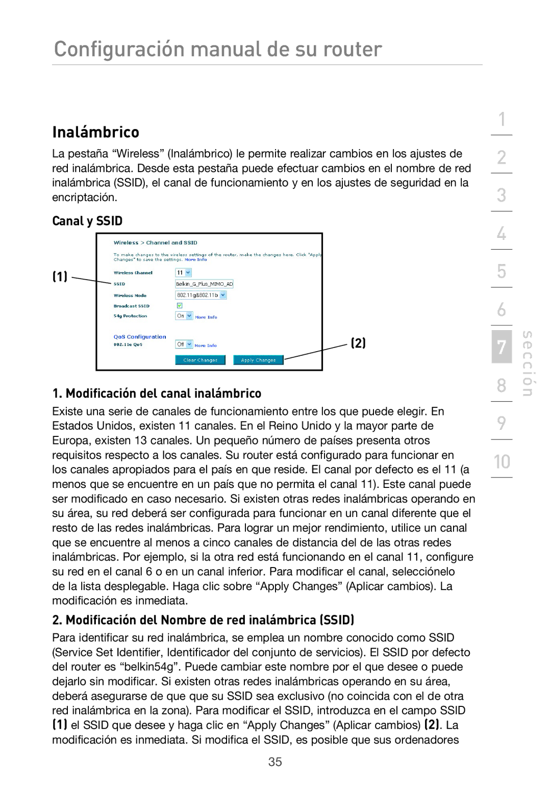 Belkin F5D9630UK4A user manual Inalámbrico, Canal y Ssid Modificación del canal inalámbrico 