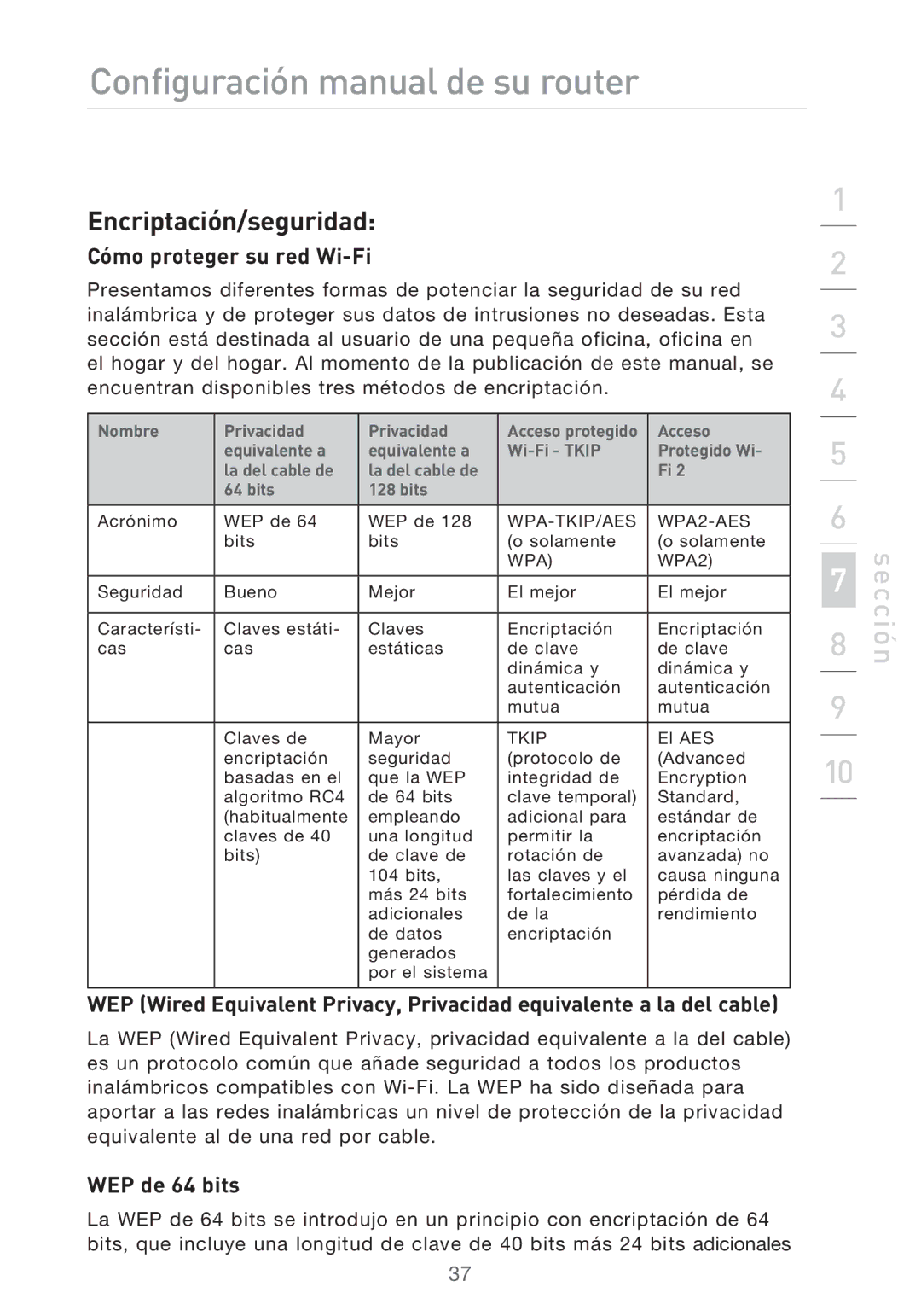 Belkin F5D9630UK4A user manual Encriptación/seguridad, Cómo proteger su red Wi-Fi, WEP de 64 bits 