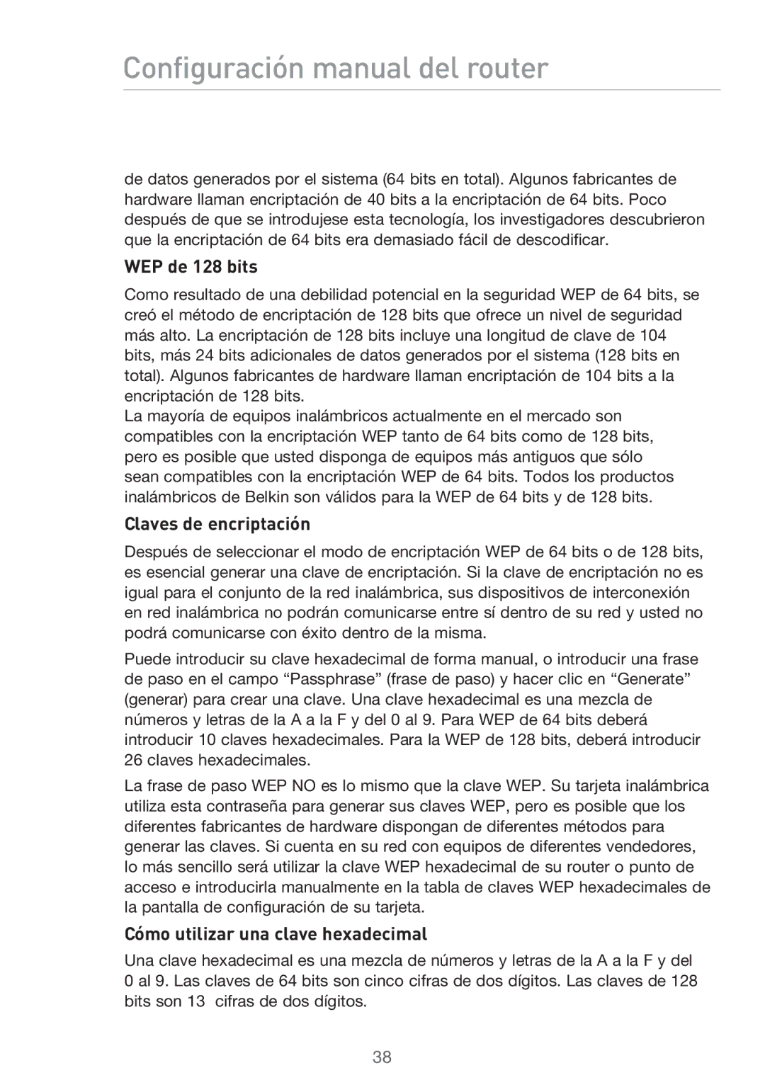 Belkin F5D9630UK4A user manual WEP de 128 bits, Claves de encriptación, Cómo utilizar una clave hexadecimal 