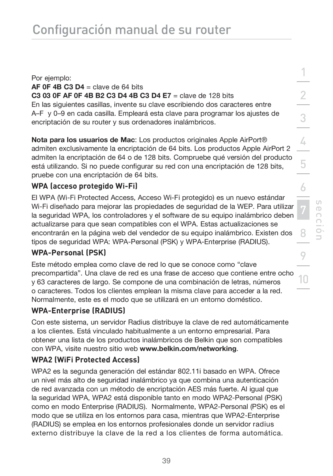 Belkin F5D9630UK4A user manual WPA acceso protegido Wi-Fi, C3 03 0F AF 0F 4B B2 C3 D4 4B C3 D4 E7 = clave de 128 bits 