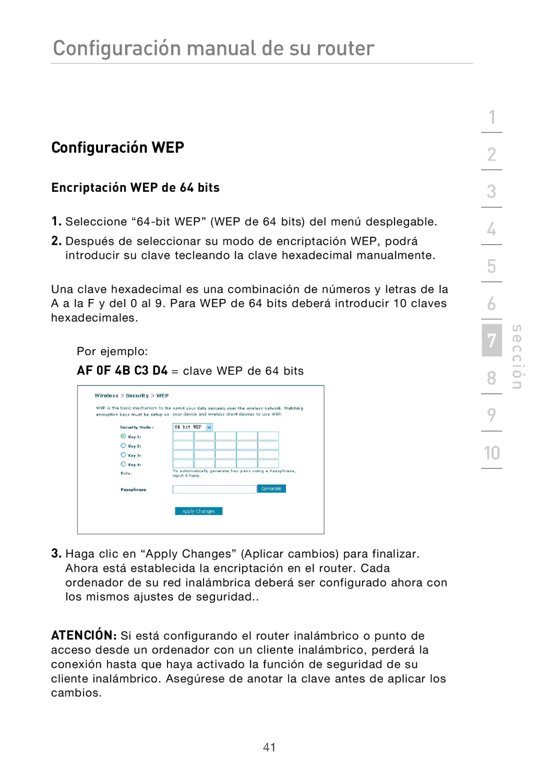 Belkin F5D9630UK4A user manual Configuración WEP, Encriptación WEP de 64 bits 