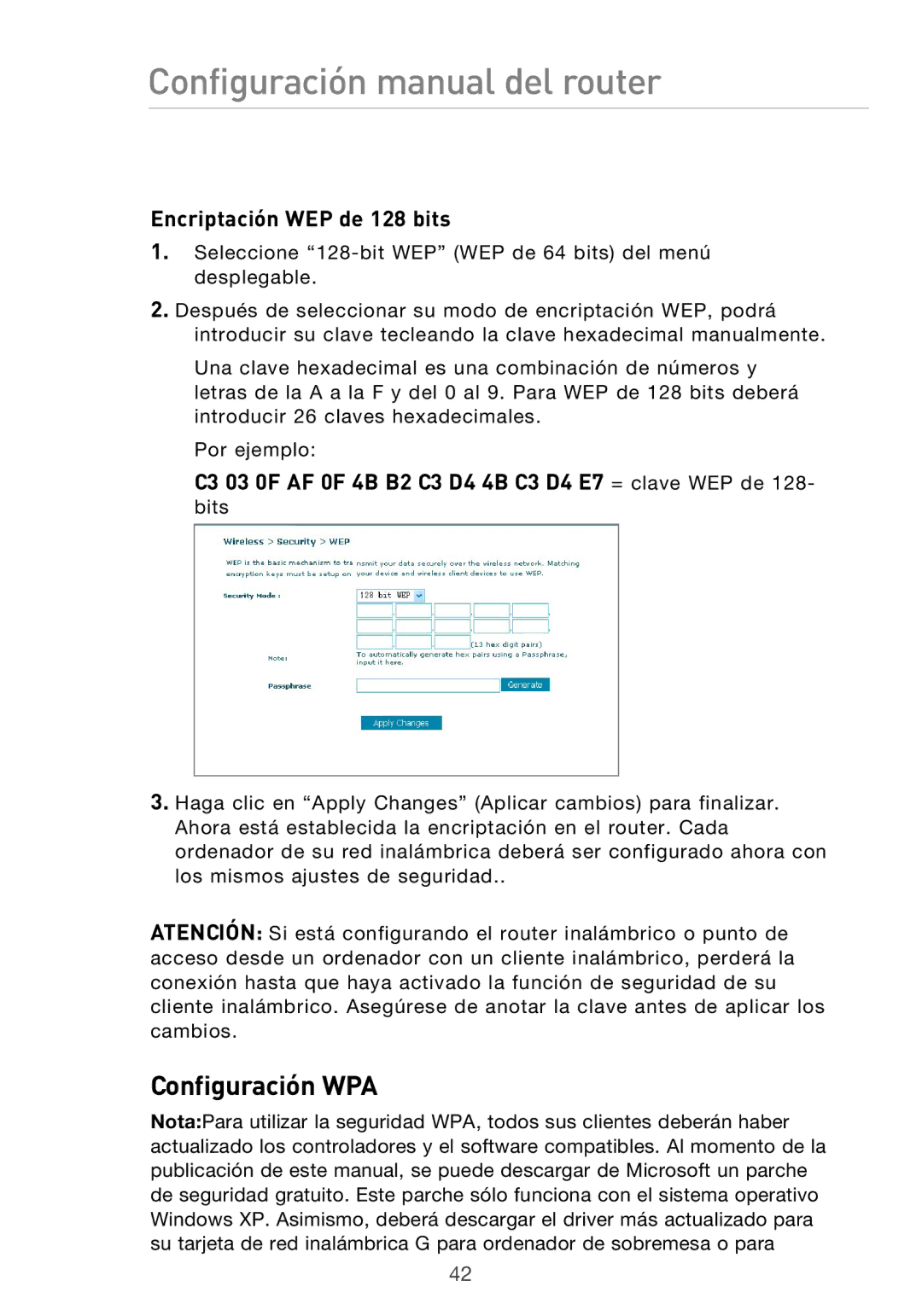 Belkin F5D9630UK4A user manual Configuración WPA, Encriptación WEP de 128 bits 