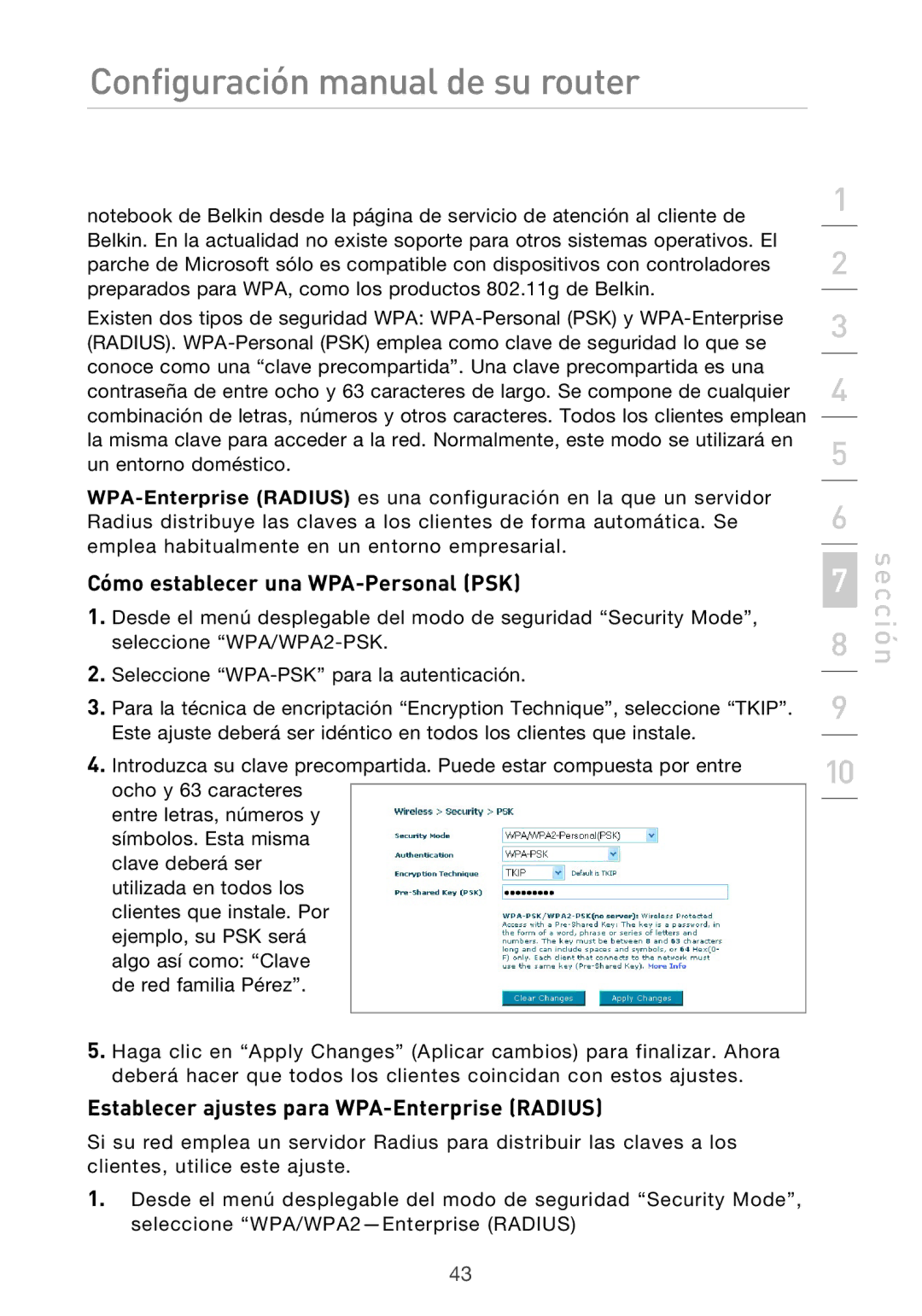 Belkin F5D9630UK4A user manual Cómo establecer una WPA-Personal PSK, Establecer ajustes para WPA-Enterprise Radius 