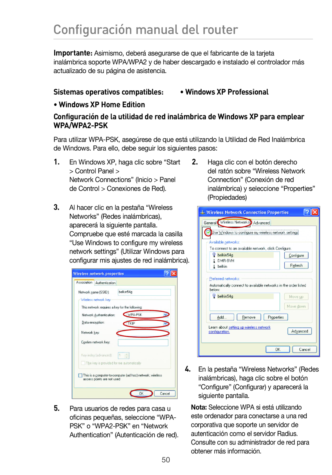 Belkin F5D9630UK4A user manual Sistemas operativos compatibles, PSK o WPA2-PSK en Network 