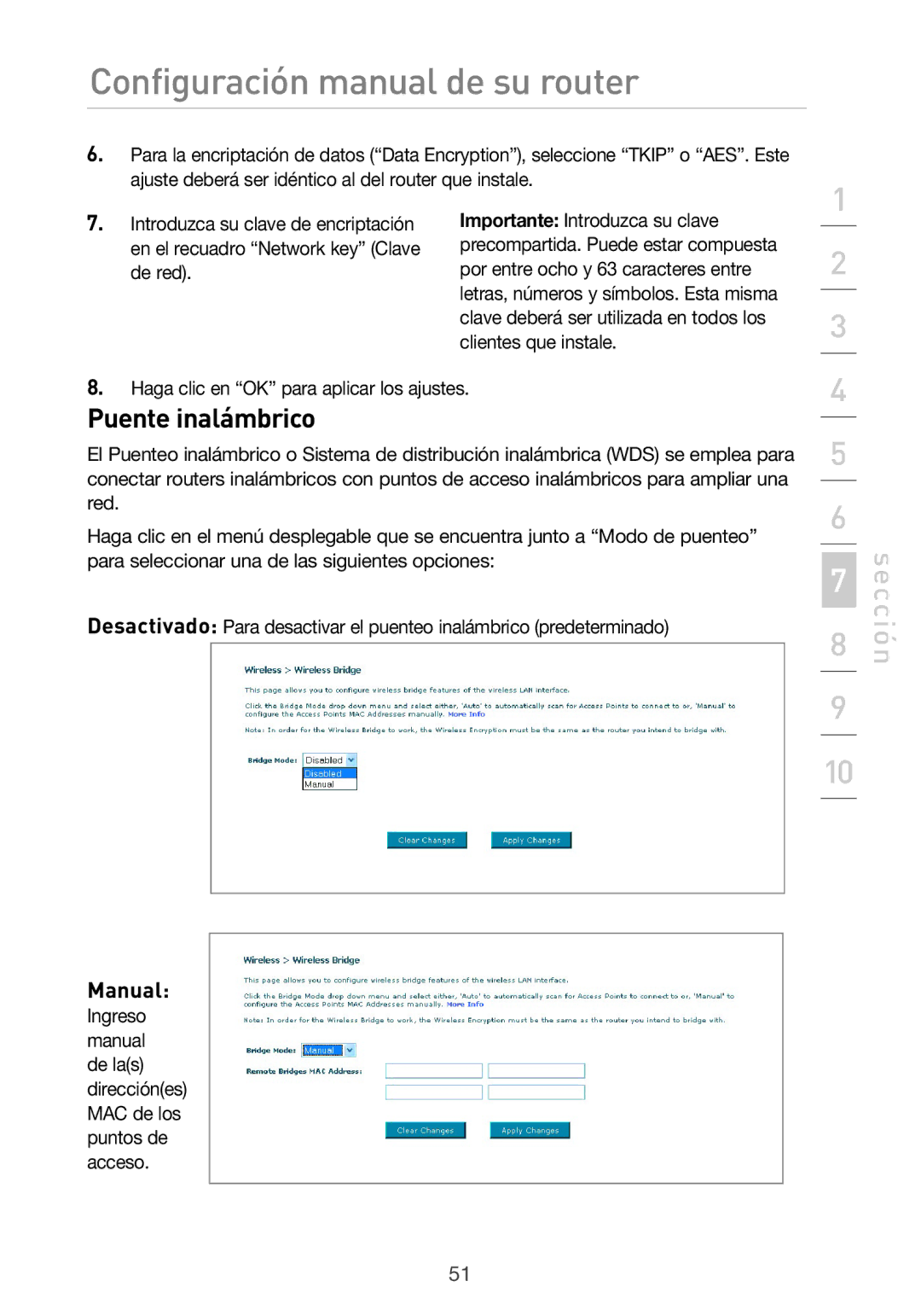 Belkin F5D9630UK4A user manual Puente inalámbrico, Manual 