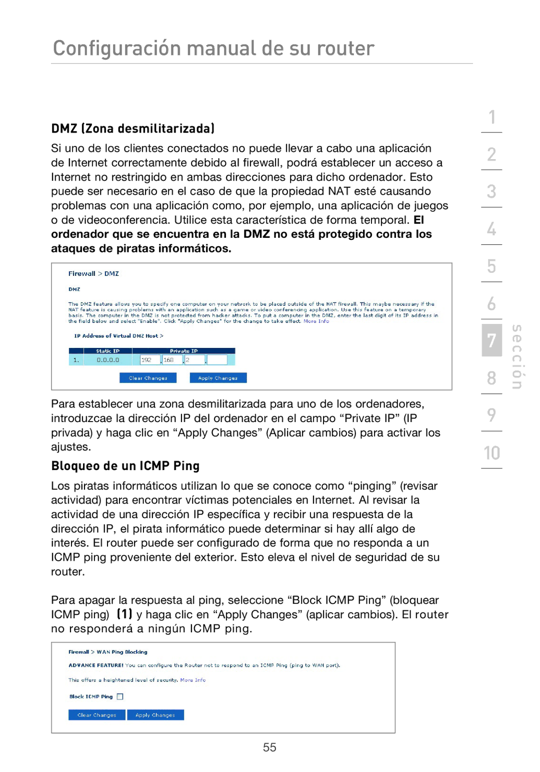 Belkin F5D9630UK4A user manual DMZ Zona desmilitarizada, Bloqueo de un Icmp Ping 