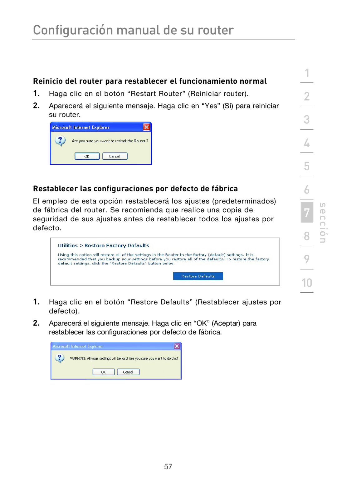 Belkin F5D9630UK4A user manual Restablecer las configuraciones por defecto de fábrica 