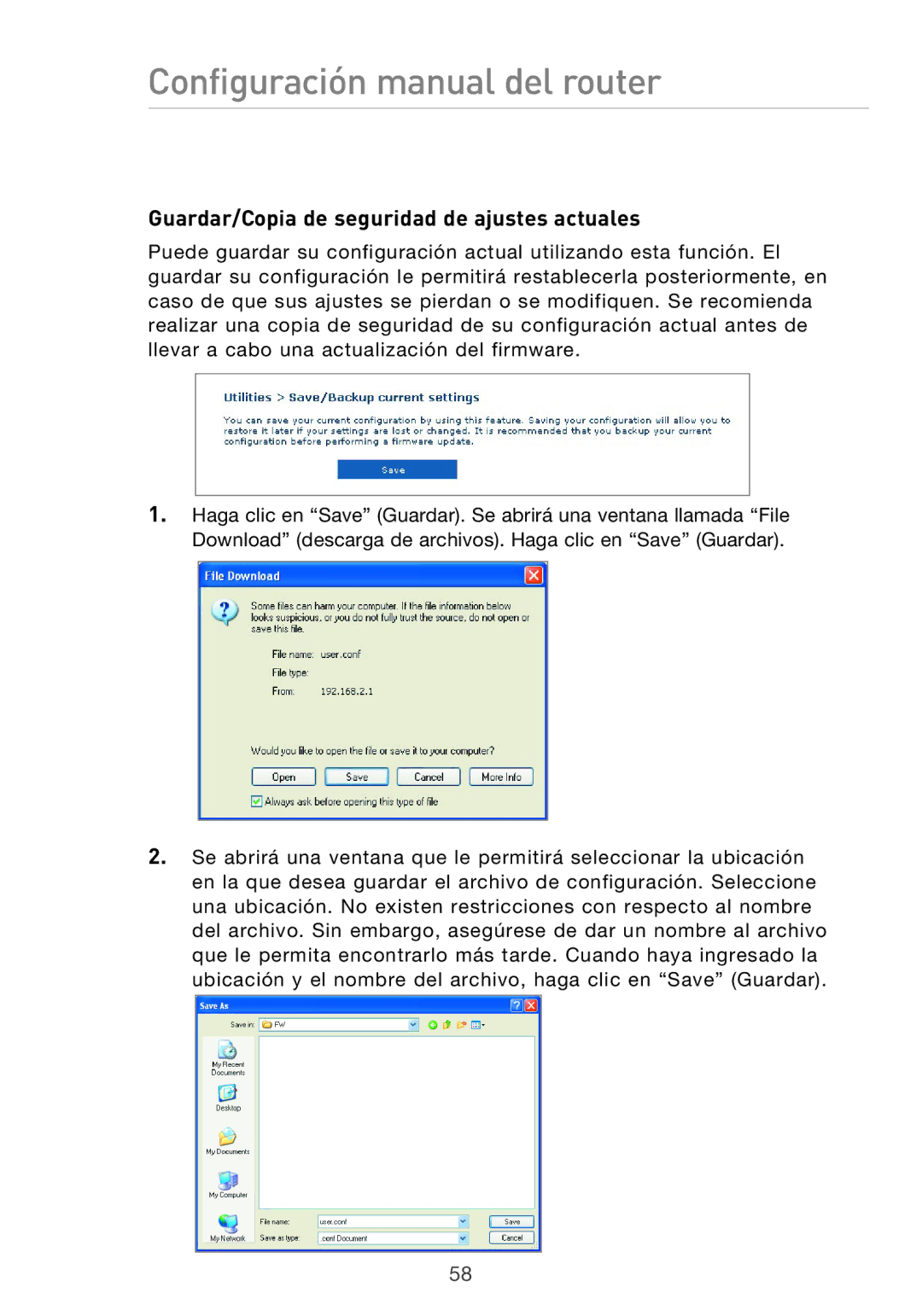 Belkin F5D9630UK4A user manual Guardar/Copia de seguridad de ajustes actuales 